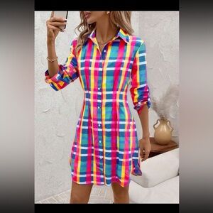 Colorful Plaid Shirt Dress
